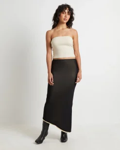 Amerie Asymmetric Hem Contrast Mesh Midi Skirt in Black