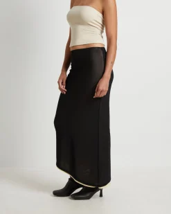 Amerie Asymmetric Hem Contrast Mesh Midi Skirt in Black