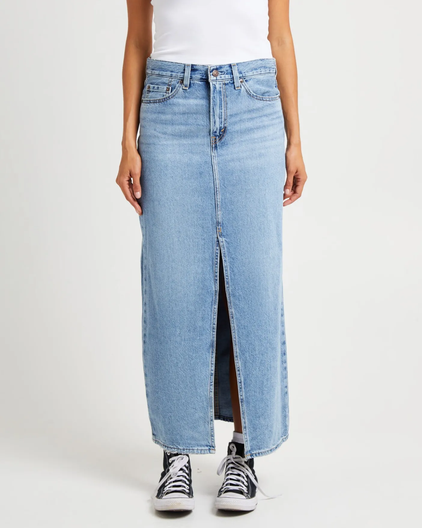 Ankle Column Denim Maxi Skirt Please Hold