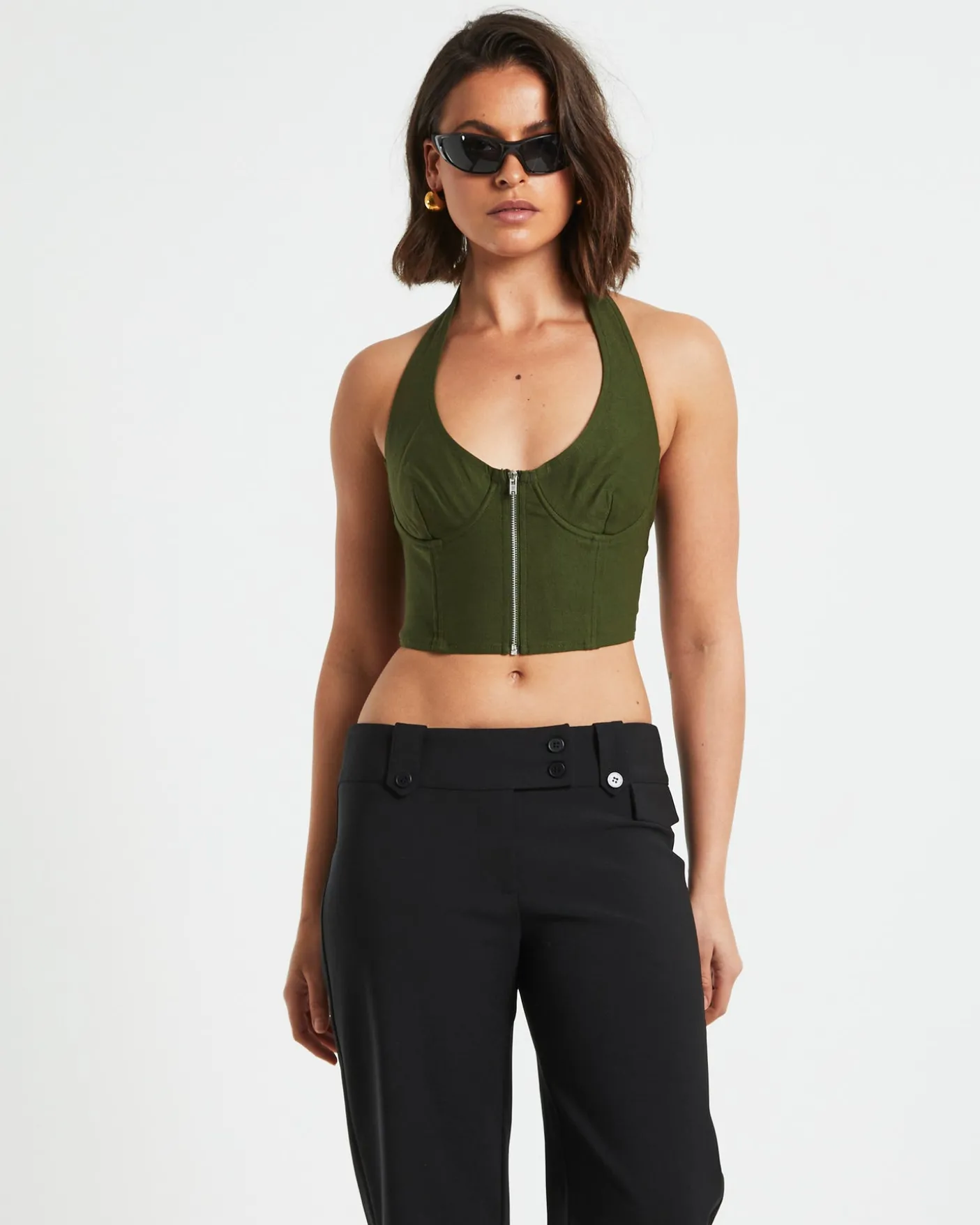 Athena Zip Front Halter Neck Corset in Khaki Green