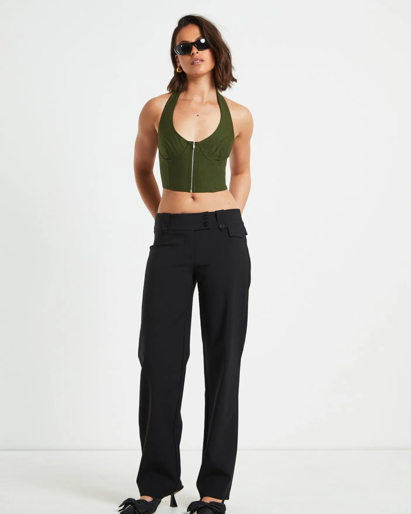 Athena Zip Front Halter Neck Corset in Khaki Green