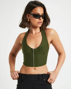 Athena Zip Front Halter Neck Corset in Khaki Green