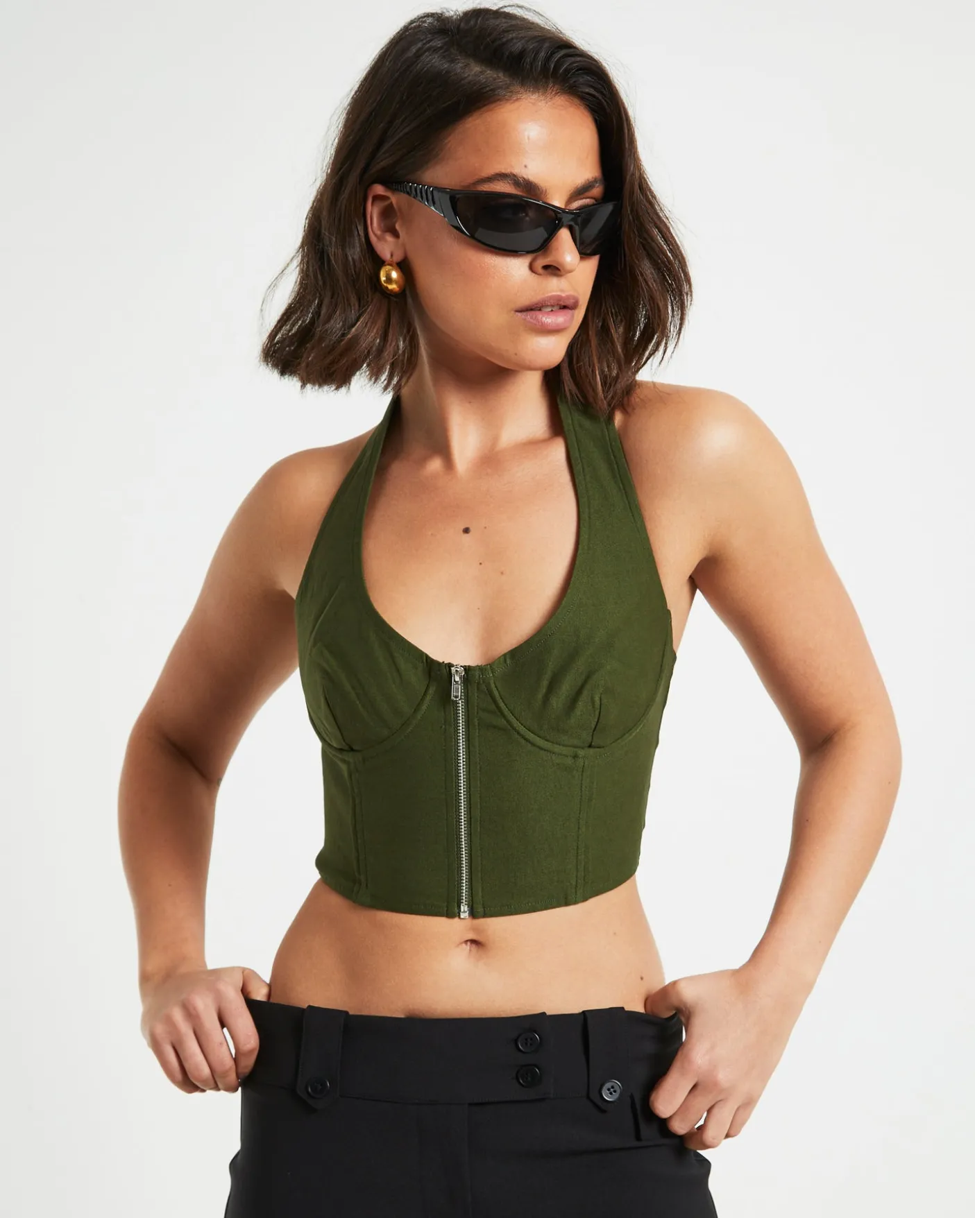 Athena Zip Front Halter Neck Corset in Khaki Green