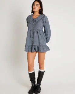 BDG Check Collar Long Sleeve Mini Dress