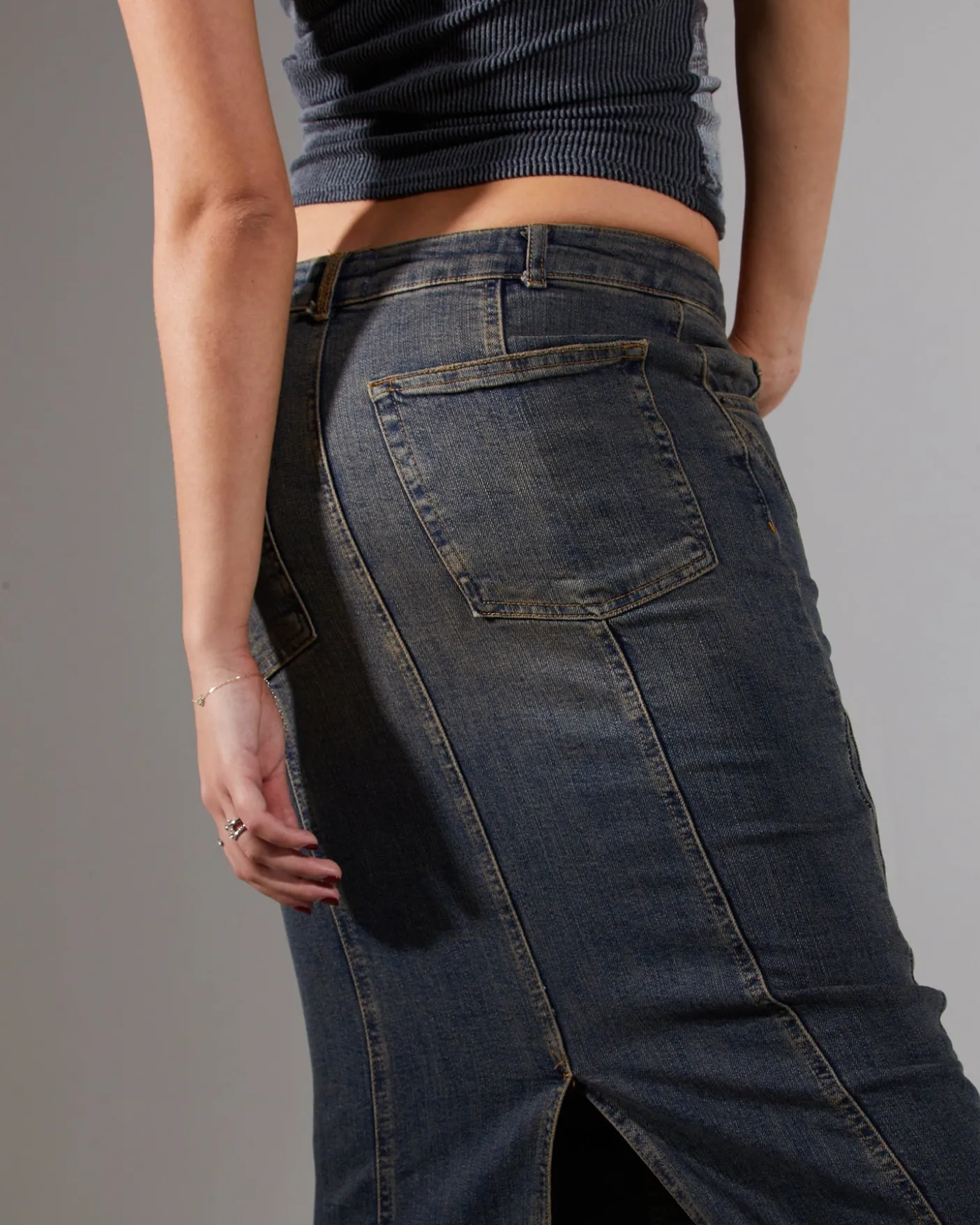 BDG Seamed Tint Denim Midi Denim Skirt