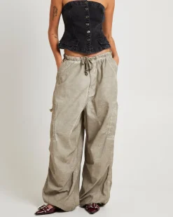 Beige Oil Wash Parachute Pants