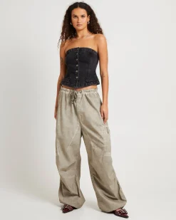 Beige Oil Wash Parachute Pants