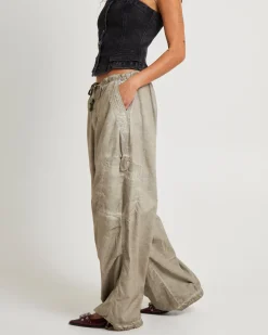 Beige Oil Wash Parachute Pants