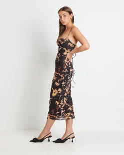 Carmen Dark Cloud Mesh Midi Dress in Brown