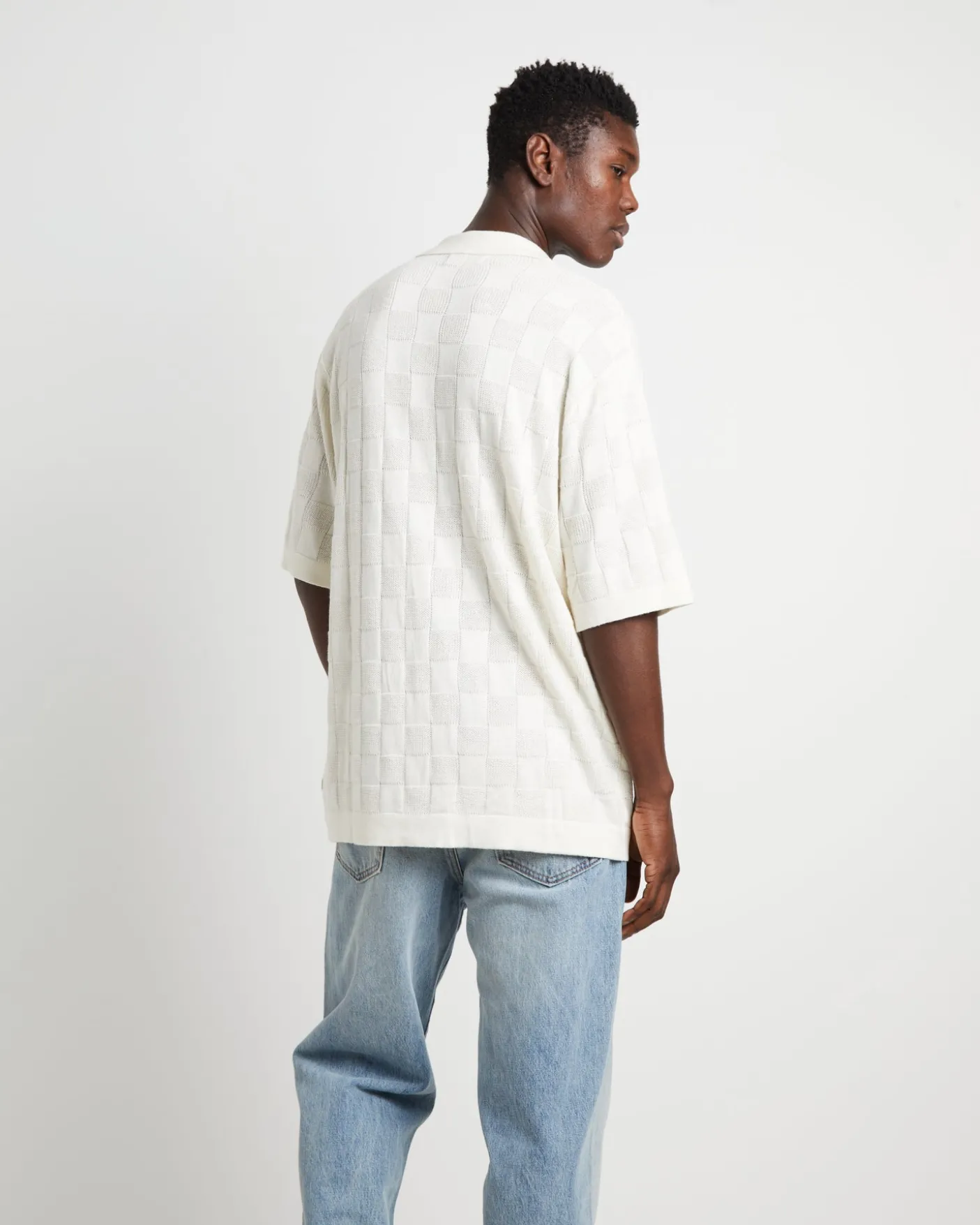 Checker Knit Short Sleeve Shirt in Natural