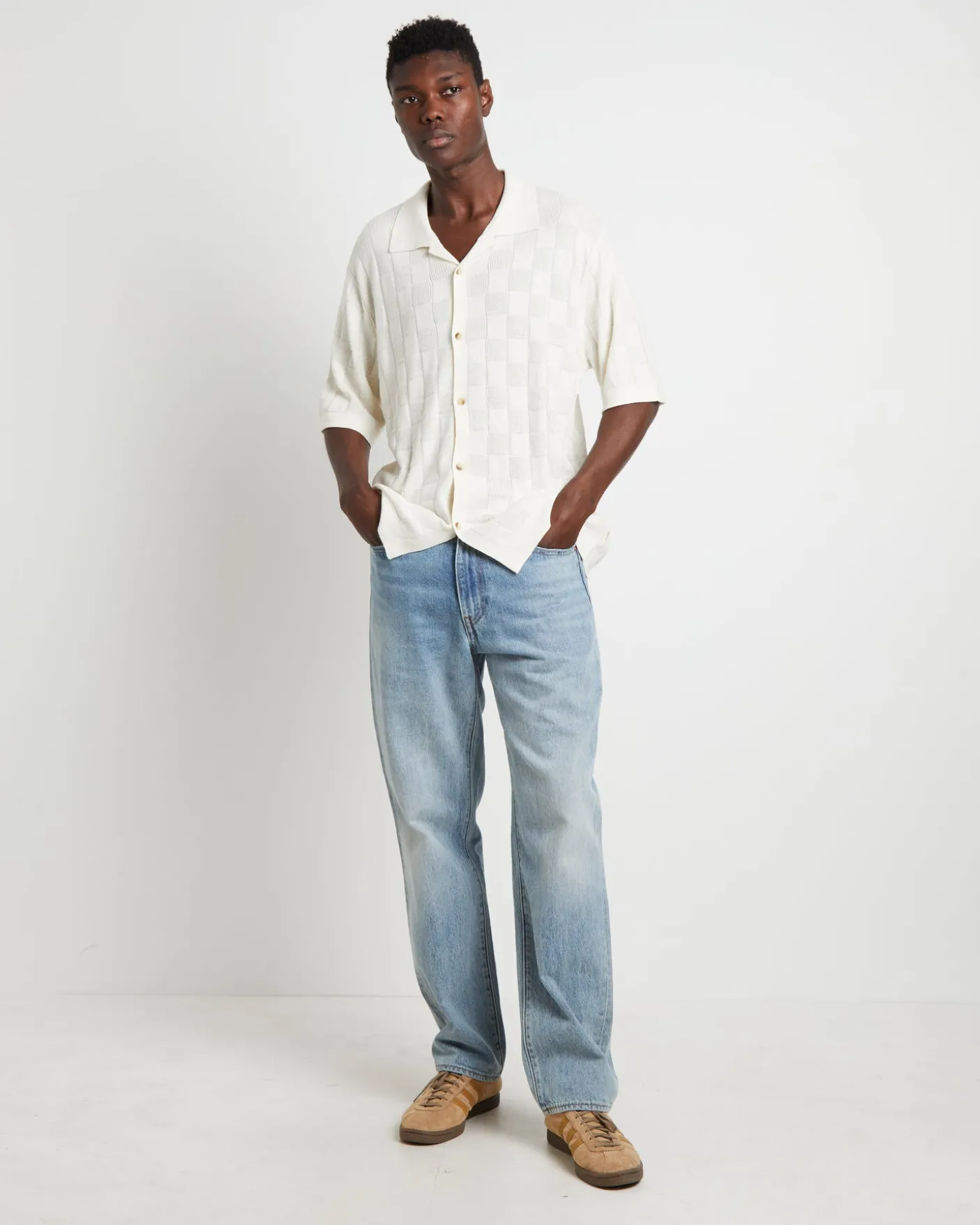 Checker Knit Short Sleeve Shirt in Natural