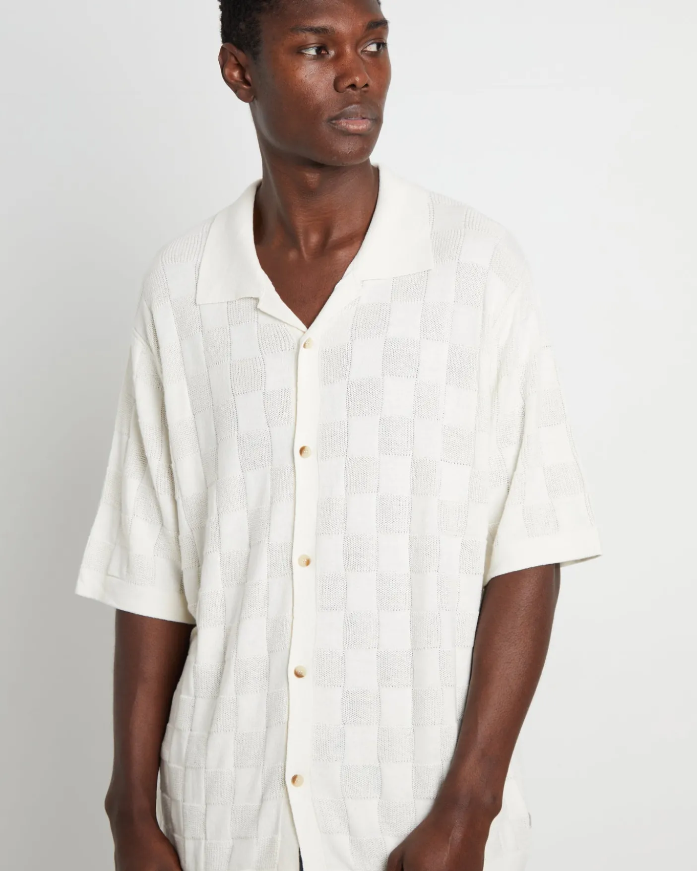 Checker Knit Short Sleeve Shirt in Natural