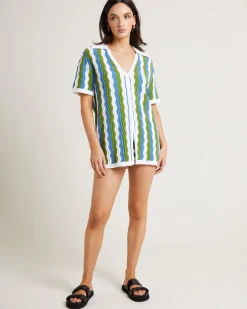 Cher Knit Shirt Dress in Blue