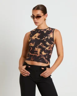 Dark Cloud Mesh Cut Off Tank Top in Brown