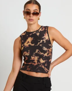 Dark Cloud Mesh Cut Off Tank Top in Brown