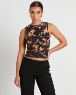Dark Cloud Mesh Cut Off Tank Top in Brown