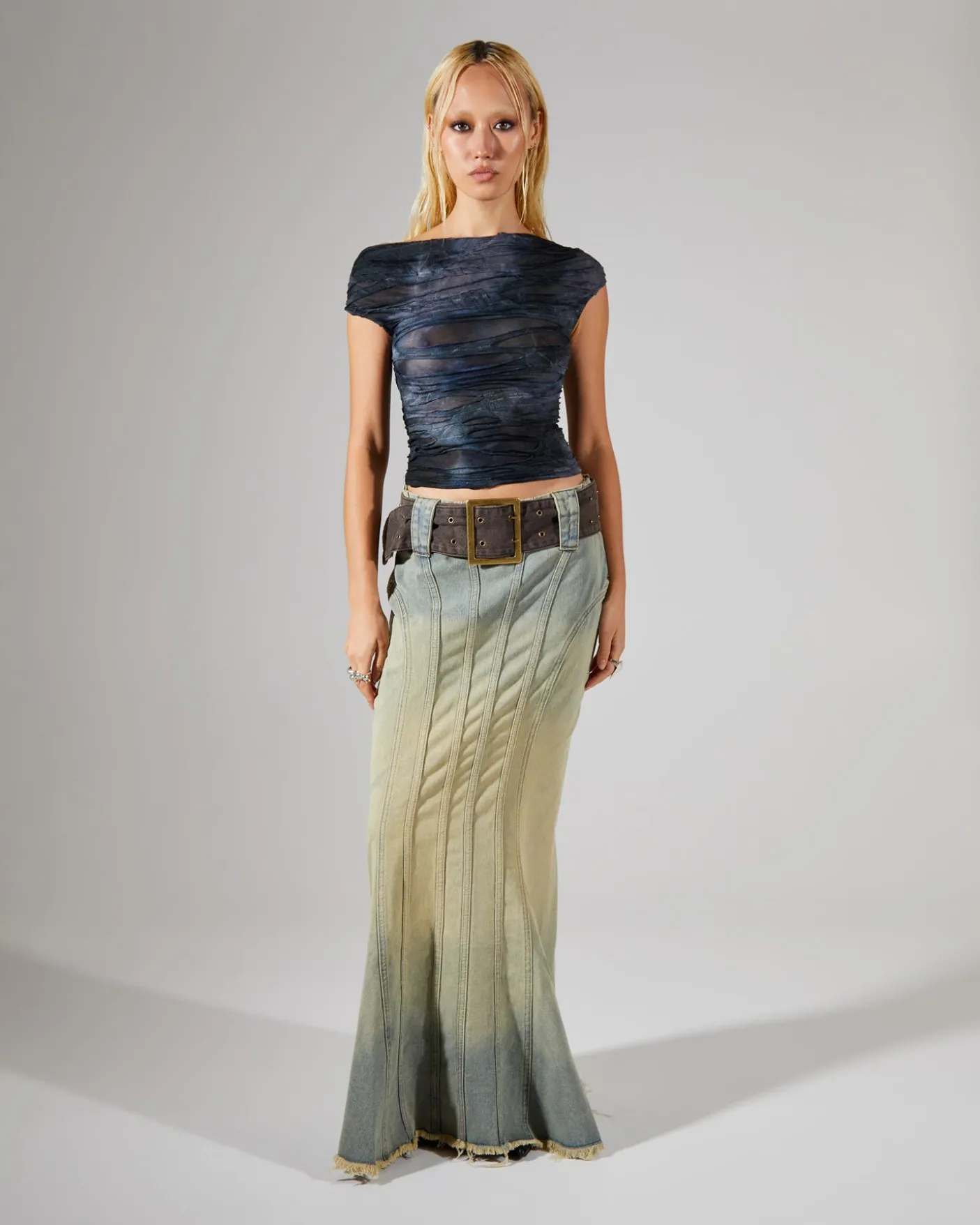 Denim Fishtail Maxi Skirt