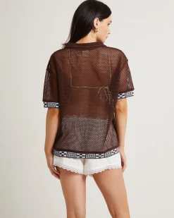 Dimension Crochet Short Sleeve Shirt in Chocolate