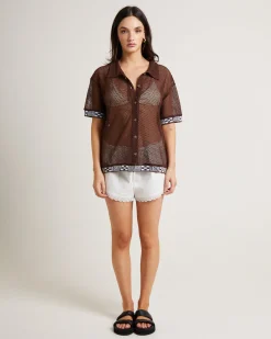 Dimension Crochet Short Sleeve Shirt in Chocolate