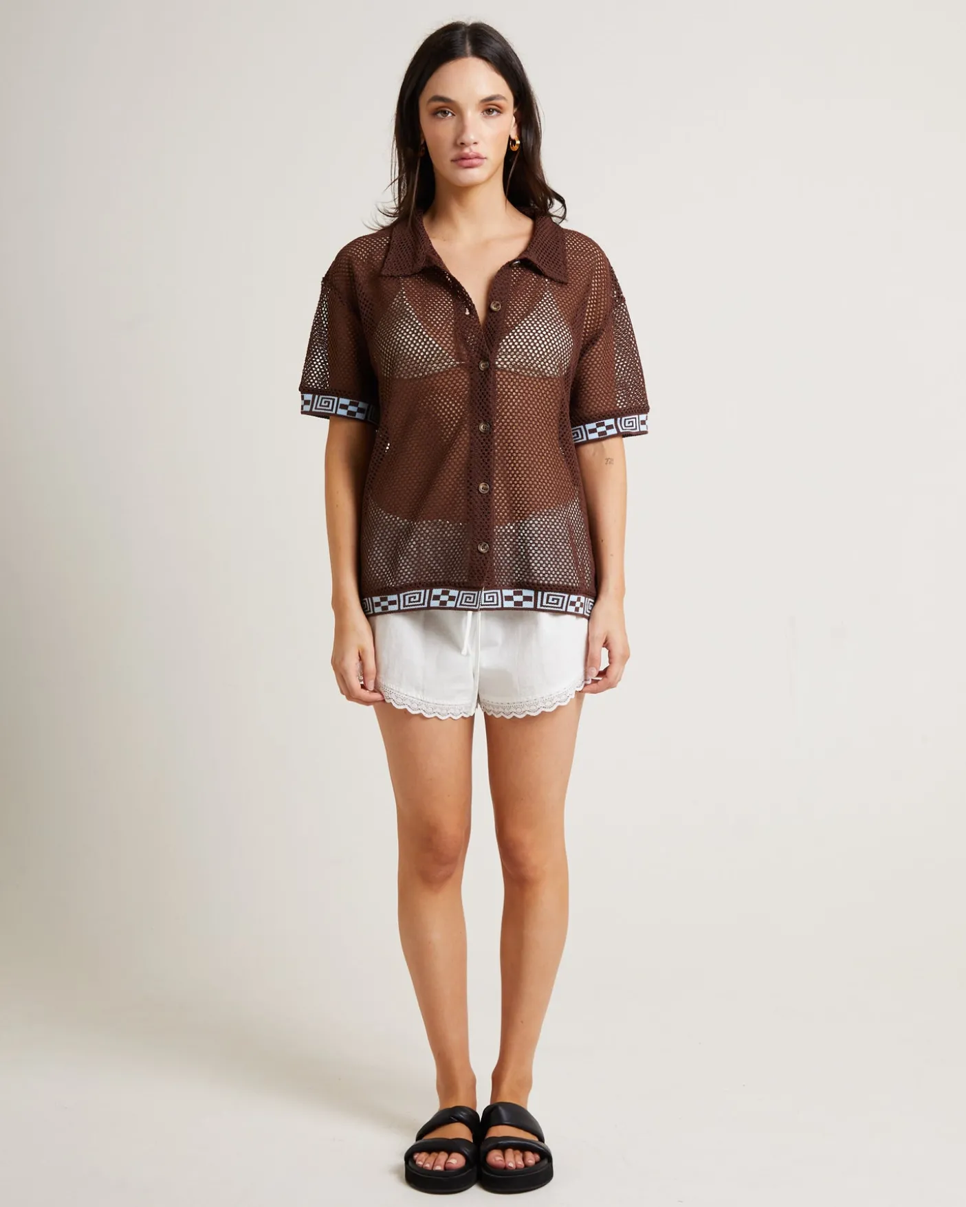 Dimension Crochet Short Sleeve Shirt in Chocolate