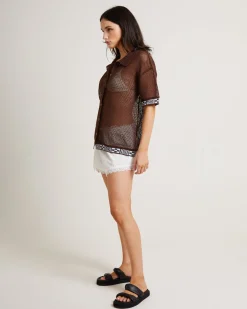 Dimension Crochet Short Sleeve Shirt in Chocolate
