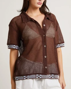 Dimension Crochet Short Sleeve Shirt in Chocolate