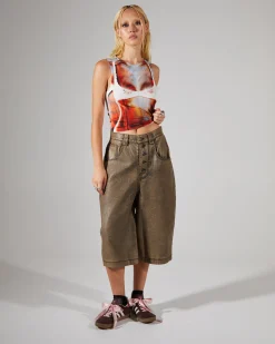 Distressed PU Jorts Brown