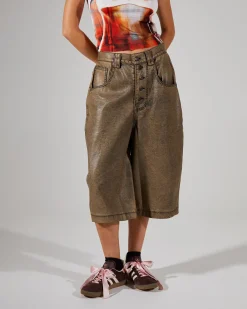 Distressed PU Jorts Brown