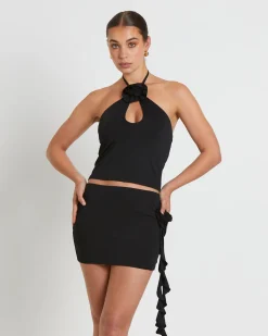 Dovie Corsage Halter Top in Black