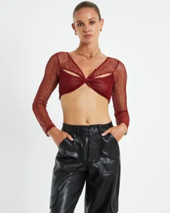 Emery Shimmer Mesh Long Sleeve Top Garnet Red