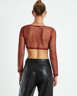 Emery Shimmer Mesh Long Sleeve Top Garnet Red