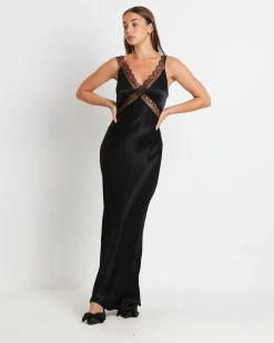 Everleigh Lace Slip Midi Dress in Black