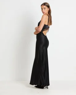 Everleigh Lace Slip Midi Dress in Black