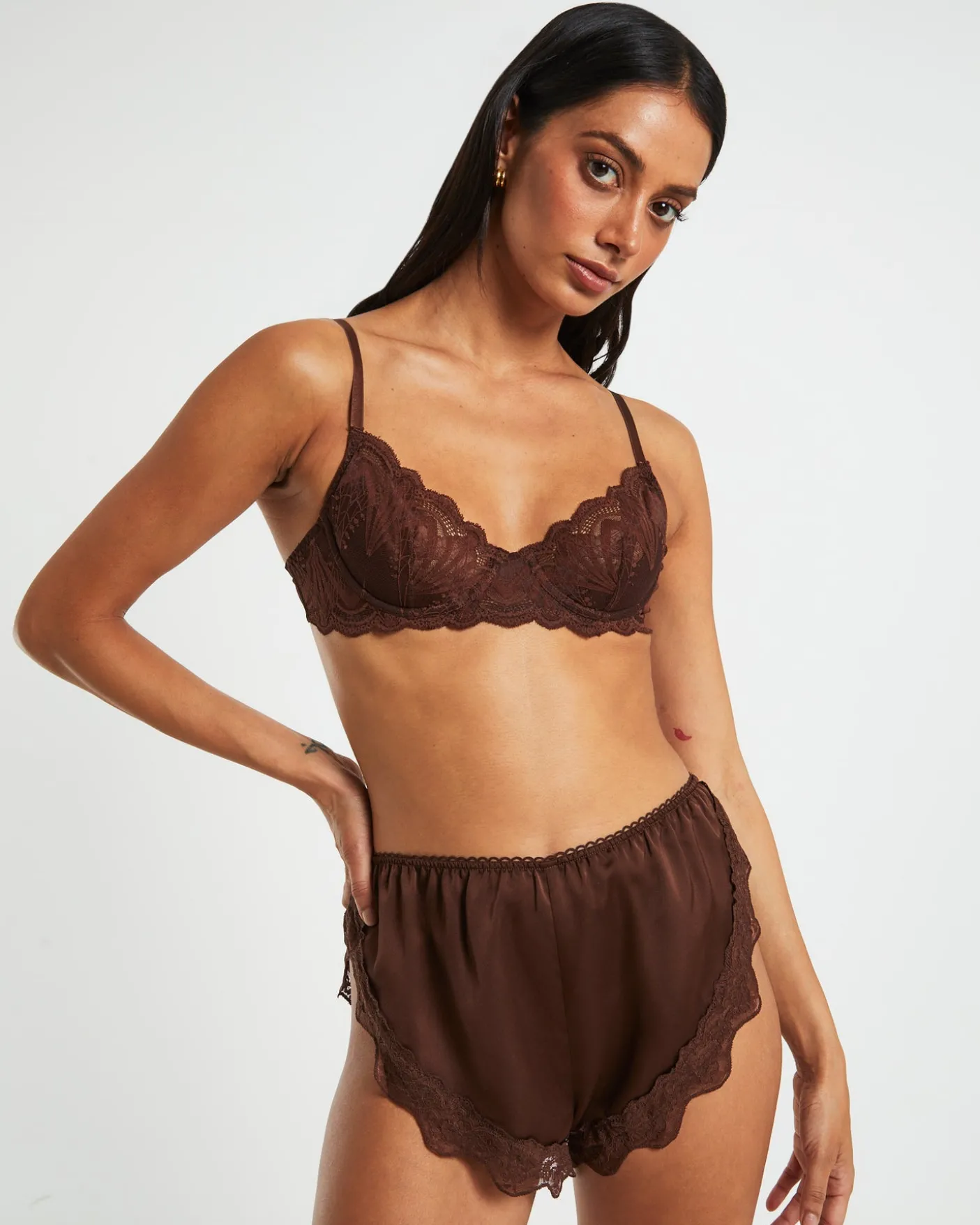 Exie Cheeky Runner Silky Shorts in Chocolate Brown