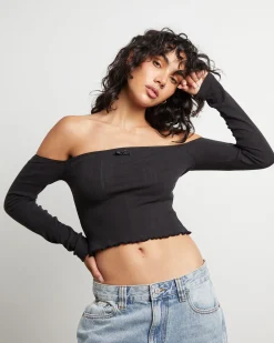 Fate Pointelle Cold Shoulder Tube Top in Black
