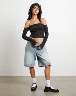 Fate Pointelle Cold Shoulder Tube Top in Black