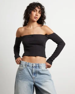 Fate Pointelle Cold Shoulder Tube Top in Black