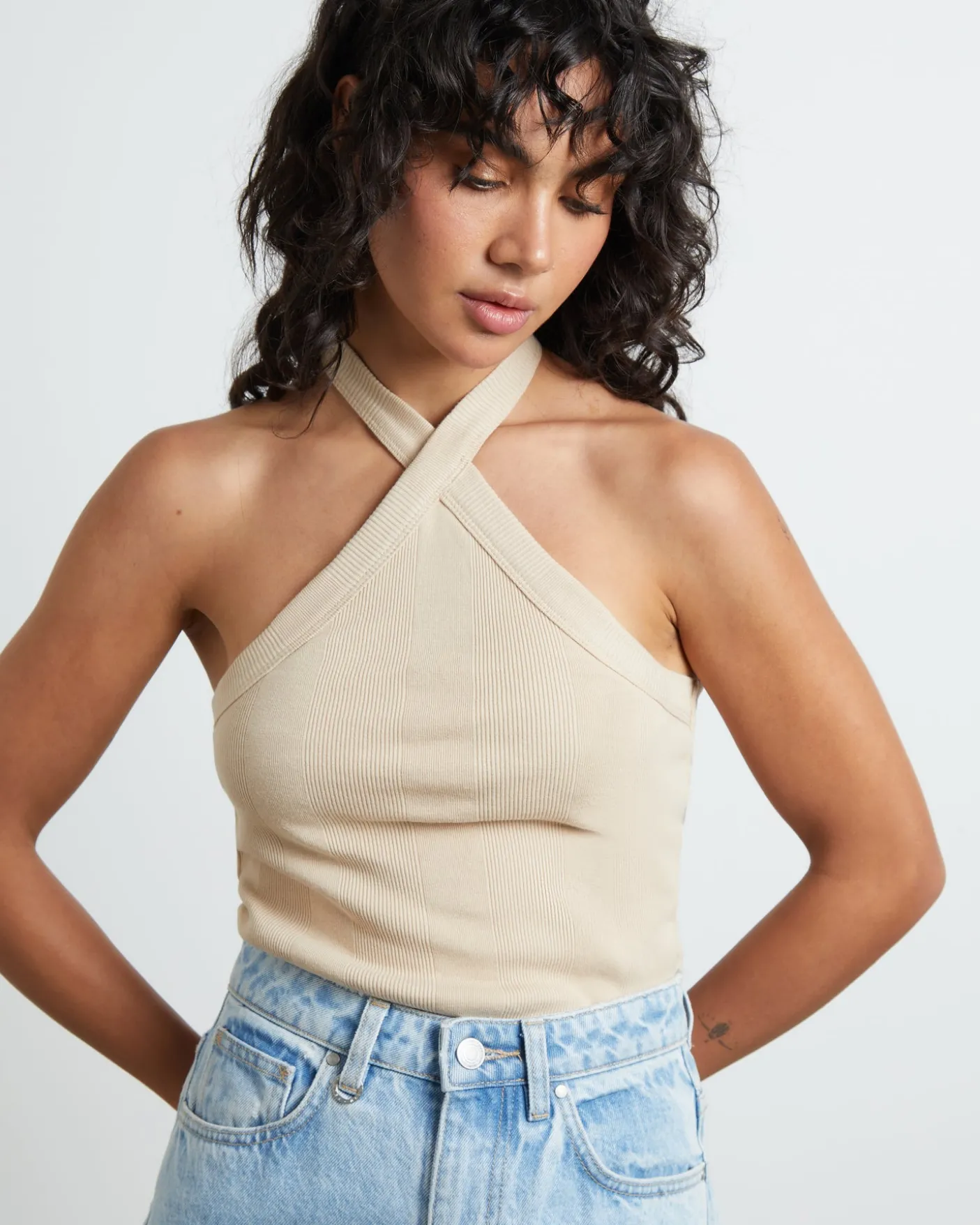 Frenchie Halter Top in Bleached Sand