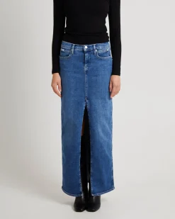 Front Split Hem Denim Maxi Skirt