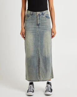 High Waisted Denim Column Skirt Dirty