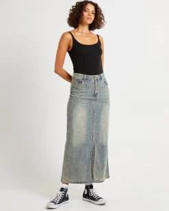 High Waisted Denim Column Skirt Dirty