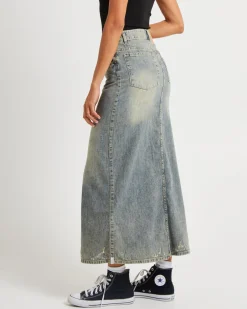 High Waisted Denim Column Skirt Dirty