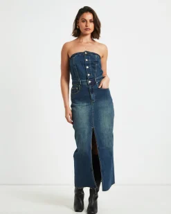 Howdy Denim Tube Midi Dress in Vintage Blue