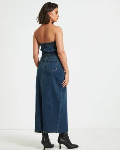 Howdy Denim Tube Midi Dress in Vintage Blue