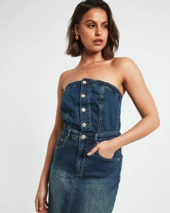 Howdy Denim Tube Midi Dress in Vintage Blue