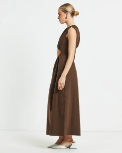 Isobel One Shoulder Cut Out Midi Dress in Chocolate