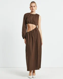 Isobel One Shoulder Cut Out Midi Dress in Chocolate