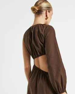 Isobel One Shoulder Cut Out Midi Dress in Chocolate