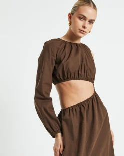 Isobel One Shoulder Cut Out Midi Dress in Chocolate