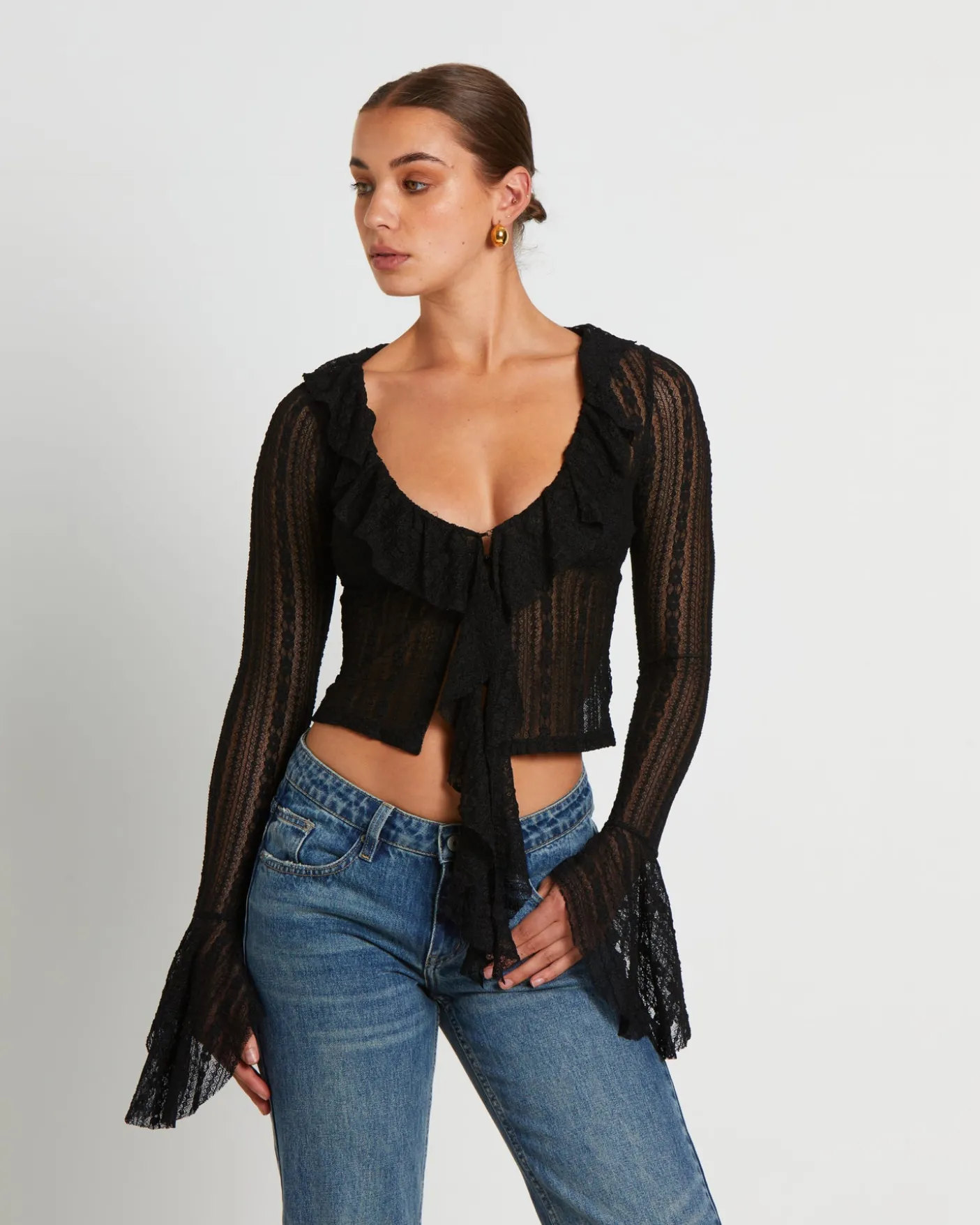 Janie Fairy Core Lace Plunge Shirt in Black